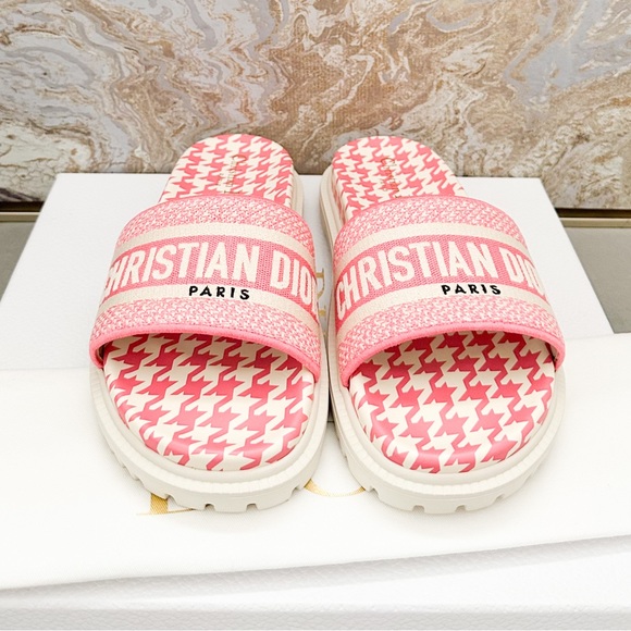 New! Christian Dior Canvas Houndstooth Embroidered Dway Slide Sandals - Picture 3 of 9